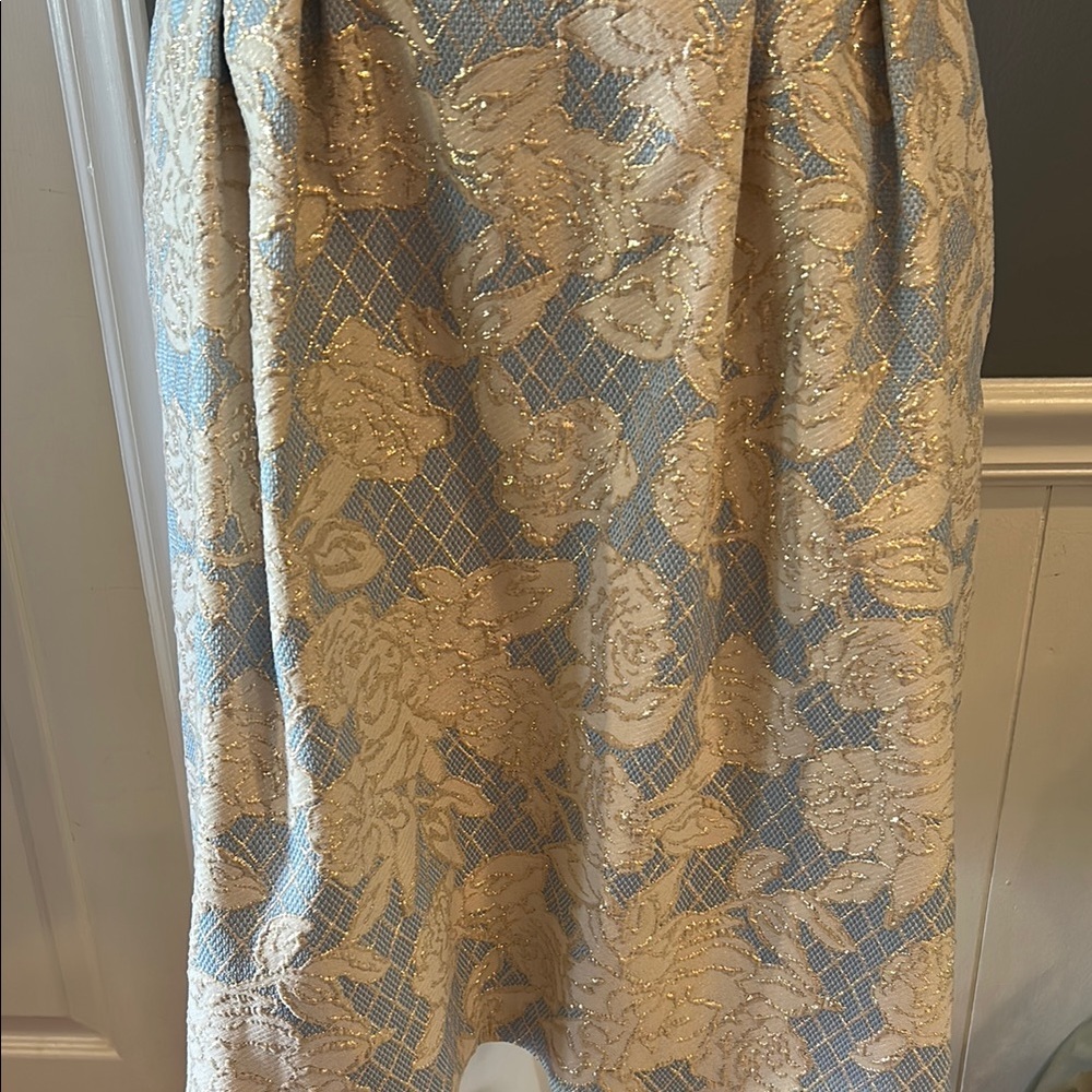 Donna Ricco Blue and Gold A-line Dress with V-Neckline and Pockets - Picture 6 of 8